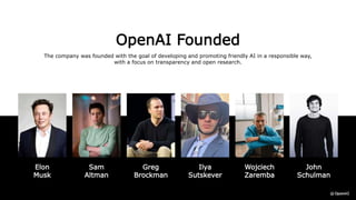 OpenAI Founded
The company was founded with the goal of developing and promoting friendly AI in a responsible way,
with a focus on transparency and open research.
Elon
Musk
Sam
Altman
John
Schulman
Ilya
Sutskever
Greg
Brockman
Wojciech
Zaremba
 