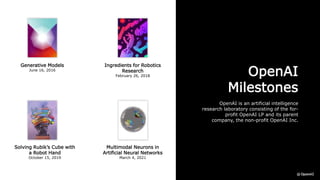 OpenAI
Milestones
OpenAI is an artificial intelligence
research laboratory consisting of the for-
profit OpenAI LP and its parent
company, the non-profit OpenAI Inc.
Generative Models
June 16, 2016
Ingredients for Robotics
Research
February 26, 2018
Solving Rubik’s Cube with
a Robot Hand
October 15, 2019
Multimodal Neurons in
Artificial Neural Networks
March 4, 2021
 