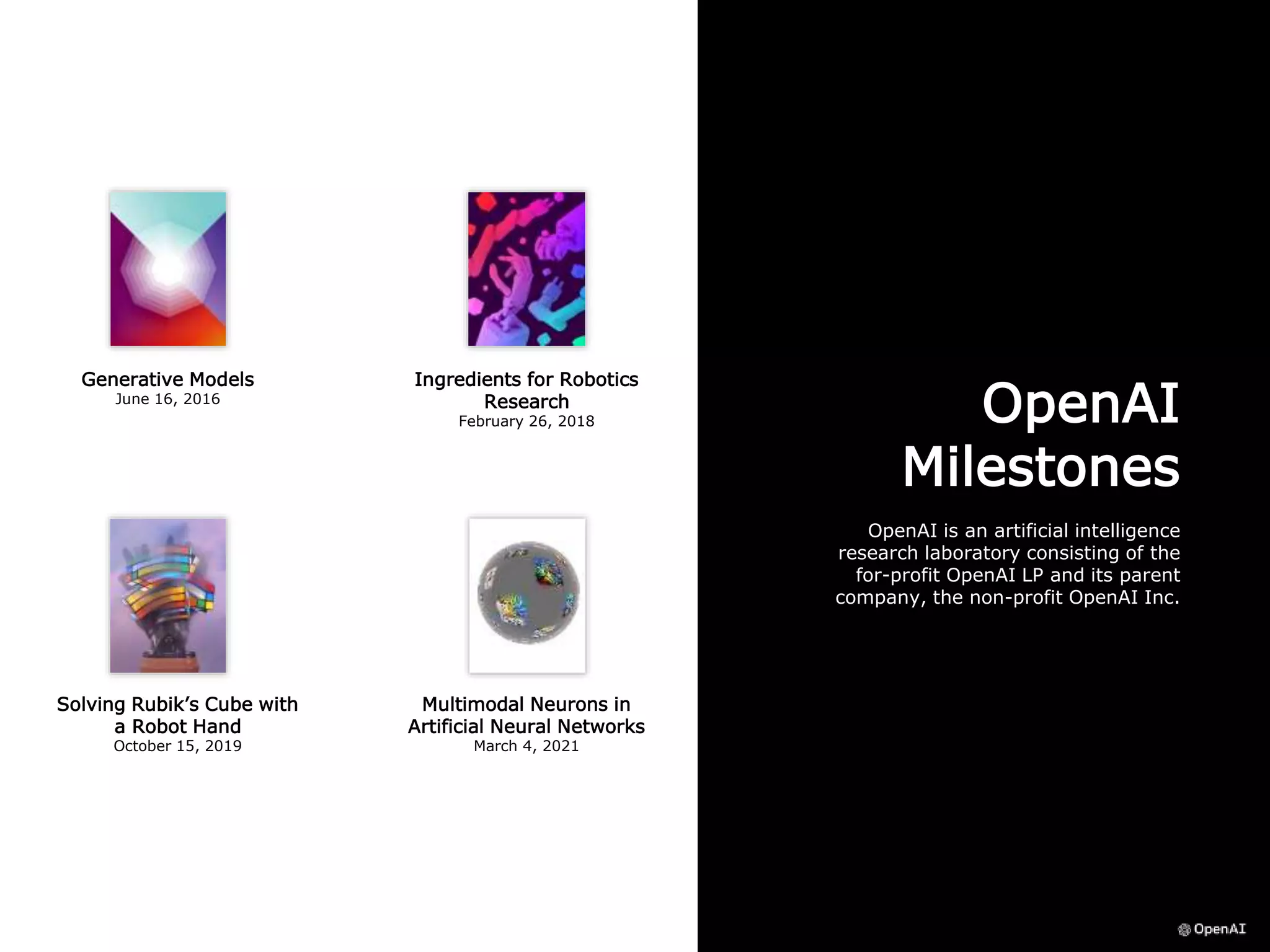 OpenAI
Milestones
OpenAI is an artificial intelligence
research laboratory consisting of the
for-profit OpenAI LP and its parent
company, the non-profit OpenAI Inc.
Generative Models
June 16, 2016
Ingredients for Robotics
Research
February 26, 2018
Solving Rubik’s Cube with
a Robot Hand
October 15, 2019
Multimodal Neurons in
Artificial Neural Networks
March 4, 2021
 