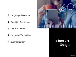 ChatGPT
Usage
Language Generation
Question Answering
Text Completion
Language Translation
Summarization
 