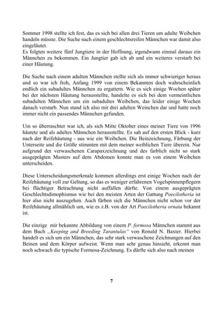 Sommer 1998 stellte ich fest, das es sich bei allen drei Tieren um adulte Weibchen
handeln müsste. Die Suche nach einem geschlechtsreifen Männchen war damit also
eingeläutet.
Es folgten weitere fünf Jungtiere in der Hoffnung, irgendwann einmal daraus ein
Männchen zu bekommen. Ein Jungtier gab ich ab und ein weiteres verstarb bei
einer Häutung.

Die Suche nach einem adulten Männchen stellte sich als immer schwieriger heraus
und so war ich froh, Anfang 1999 von einem Bekannten doch wahrscheinlich
endlich ein subadultes Männchen zu ergattern. Wie es sich einige Wochen später
bei der nächsten Häutung herausstellte, handelte es sich bei dem vermeintlichen
subadulten Männchen um ein subadultes Weibchen, das leider einige Wochen
danach verstarb. Nun stand ich also mit drei adulten Weinchen dar und hatte noch
immer nicht ein passendes Männchen gefunden.

Um so überraschter war ich, als sich Mitte Oktober eines meiner Tiere von 1996
häutete und als adultes Männchen herausstellte. Es sah auf den ersten Blick - kurz
nach der Reifehäutung - aus wie ein Weibchen. Die Beinzeichnung, Färbung der
Unterseite und die Größe stimmten mit dem meiner weiblichen Tiere überein. Nur
aufgrund der verwaschenen Carapaxzeichnung und des farblich nicht so stark
ausgeprägten Musters auf dem Abdomen konnte man es von einem Weibchen
unterscheiden.

Diese Unterscheidungsmerkmale kommen allerdings erst einige Wochen nach der
Reifehäutung voll zur Geltung, so das es weniger erfahrenen Vogelspinnenpflegern
bei flüchtiger Betrachtung nicht auffallen dürfte. Von einem ausgeprägten
Geschlechtsdimophismus wie bei den meisten Arten der Gattung Poecilotheria ist
hier also nicht auszugehen. Auch färben sich die Männchen nicht schon vor der
Reifehäutung allmählich um, wie es z.B. von der Art Poecilotheria ornata bekannt
ist.

Die einzige mir bekannte Abbildung von einem P. formosa Männchen stammt aus
dem Buch „Keeping and Breeding Tarantulas“ von Ronald N. Baxter. Hierbei
handelt es sich um ein Männchen, das sehr stark verwaschene Zeichnungen auf den
Beinen und dem Körper aufweist. Wenn man sehr genau hinsieht, erkennt man
noch schwach die typische Formosa-Zeichnung. Es dürfte sich also nach meinen




                                        7
 