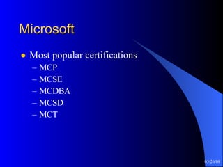 Microsoft Most popular certifications MCP MCSE MCDBA MCSD MCT 