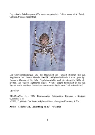 Ergebnis:die Brückenspinne (Nuctenea sclopetarius). Früher wurde diese Art der
Gattung Araneus zugeordnet.




Die Umweltbedingungen und die Häufigkeit am Fundort stimmen mit den
Angaben in der Literatur überein. JONES (1990) beschreibt die Art als „gesellig“.
Dennoch überrascht die hohe Populationsdichte und die räumliche Nähe der
großen, von weitem sichtbaren Netze. Welche andere Spinnenart in unseren
Breiten macht mit ihren Bauwerken an markanter Stelle so auf sich aufmerksam?

Literatur

BELLMANN, H. (1997): Kosmos-Atlas Spinnentiere Europas. - Stuttgart
(Kosmos), S. 111
JONES, D. (1990): Der Kosmos-Spinnenführer. - Stuttgart (Kosmos), S. 254

Autor: Robert Madl, Luisantring 42, 63477 Maintal




                                       8
 