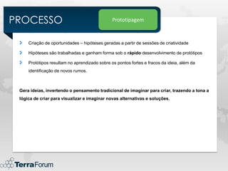 PROCESSO                                       Prototipagem



     Criação de oportunidades – hipóteses geradas a partir de sessões de criatividade

     Hipóteses são trabalhadas e ganham forma sob o rápido desenvolvimento de protótipos

     Protótipos resultam no aprendizado sobre os pontos fortes e fracos da ideia, além da
     identificação de novos rumos.



 Gera ideias, invertendo o pensamento tradicional de imaginar para criar, trazendo a tona a
 lógica de criar para visualizar e imaginar novas alternativas e soluções.
 