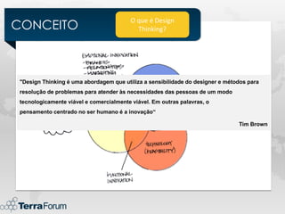 CONCEITO
                                         O que é Design
                                           Thinking?




 "Design Thinking é uma abordagem que utiliza a sensibilidade do designer e métodos para
 resolução de problemas para atender às necessidades das pessoas de um modo
 tecnologicamente viável e comercialmente viável. Em outras palavras, o
 pensamento centrado no ser humano é a inovação“

                                                                                Tim Brown
 