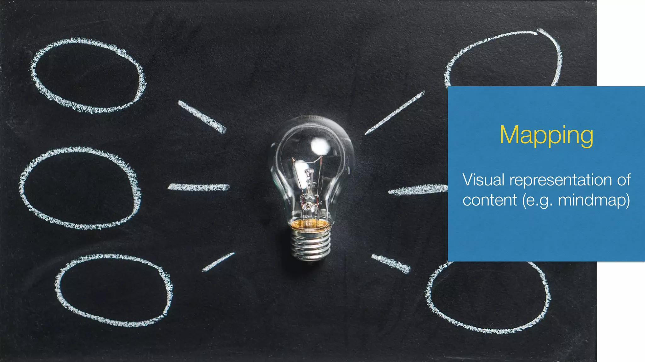 Mapping
Visual representation of
content (e.g. mindmap)
 