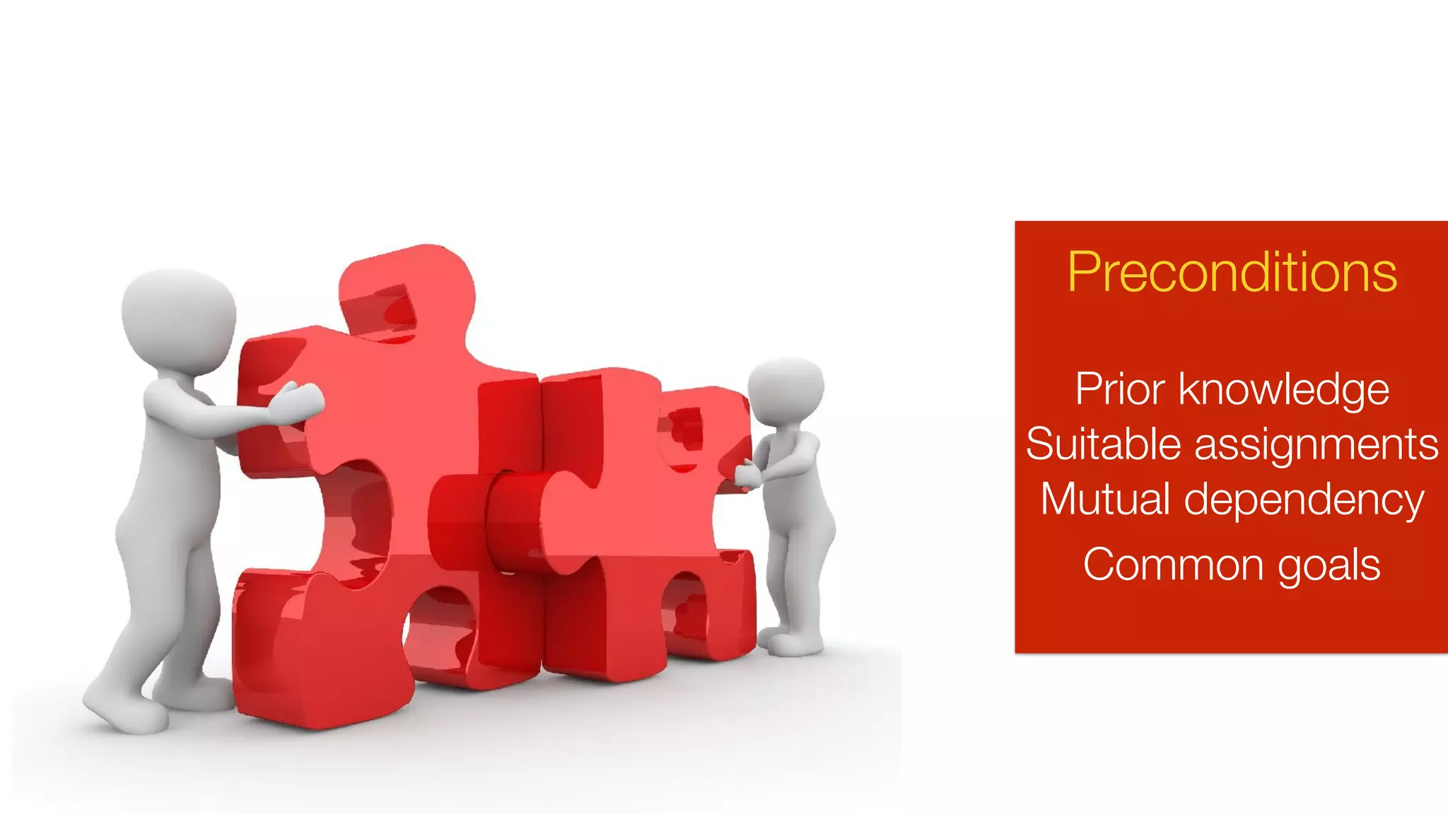 Preconditions
Prior knowledge
Suitable assignments
Mutual dependency
Common goals
 