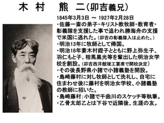 木 村 熊 二（卯吉義兄）
1845年3月3日 ～ 1927年2月28日
・佐藤一斎の弟子・キリスト教牧師・教育者・
彰義隊を支援した事で追われ勝海舟の支援
で米国に逃れた。（卯吉の彰義隊入は止めた。）
・明治13年に牧師として帰国。
・明治18年妻木村鐙子とともに野上弥生子、
羽仁もと子、相馬黒光等を輩出した明治女学
校を創設。（卯吉西洋館竣工宴席で開校決定）
・その後長野県小諸で小諸義塾を開設。
・島崎藤村に対し牧師として洗礼し、自宅に
住まわせ後に藤村を明治女学校、小諸義塾
の教師に招いた。
・島崎藤村：小諸で千曲川のスケッチ等執筆。
・乙骨太郎乙とは下谷で近隣後、生涯の友。
 