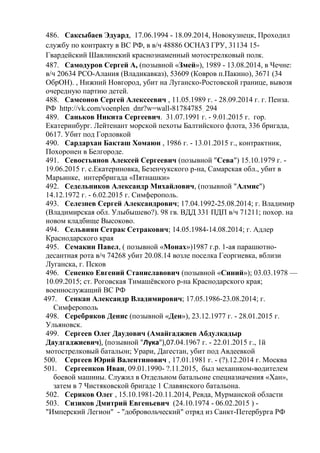 486. Саксыбаев Эдуард, 17.06.1994 - 18.09.2014, Новокузнецк, Проходил
службу по контракту в ВС РФ, в в/ч 48886 ОСНАЗ ГРУ, 31134 15-
Гвардейский Шавлинский краснознаменный мотострелковый полк.
487. Самодуров Сергей А, (позывной «Змей»), 1989 - 13.08.2014, в Чечне:
в/ч 20634 РСО-Алания (Владикавказ), 53609 (Ковров п.Пакино), 3671 (34
ОбрОН). , Нижний Новгород, убит на Луганско-Ростовской границе, вывозя
очередную партию детей.
488. Самсонов Сергей Алексеевич , 11.05.1989 г. - 28.09.2014 г. г. Пенза.
РФ http://vk.com/voenplen_dnr?w=wall-81784785_294
489. Саньков Никита Сергеевич. 31.07.1991 г. - 9.01.2015 г. гор.
Екатеринбург. Лейтенант морской пехоты Балтийского флота, 336 бригада,
0617. Убит под Горловкой
490. Сардархан Бакташ Хомаюн , 1986 г. - 13.01.2015 г., контрактник,
Похоронен в Белгороде.
491. Севостьянов Алексей Сергеевич (позывной "Сева") 15.10.1979 г. -
19.06.2015 г. с.Екатериновка, Безенчукского р-на, Самарская обл., убит в
Марьинке, интербригада «Пятнашки»
492. Седельников Александр Михайлович, (позывной "Алмис")
14.12.1972 г. - 6.02.2015 г. Симферополь.
493. Селезнев Сергей Александрович; 17.04.1992-25.08.2014; г. Владимир
(Владимирская обл. Улыбышево?). 98 гв. ВДД 331 ПДП в/ч 71211; похор. на
новом кладбище Высоково.
494. Сельвиян Сетрак Сетракович; 14.05.1984-14.08.2014; г. Адлер
Краснодарского края
495. Семакин Павел, ( позывной «Монах»)1987 г.р. 1-ая парашютно-
десантная рота в/ч 74268 убит 20.08.14 возле поселка Георгиевка, вблизи
Луганска, г. Псков
496. Сененко Евгений Станиславович (позывной «Синий»); 03.03.1978 —
10.09.2015; ст. Роговская Тимашѐвского р-на Краснодарского края;
военнослужащий ВС РФ
497. Сенкан Александр Владимирович; 17.05.1986-23.08.2014; г.
Симферополь
498. Серебряков Денис (позывной «Ден»), 23.12.1977 г. - 28.01.2015 г.
Ульяновск.
499. Сергеев Олег Даудович (Амайгаджиев Абдулкадыр
Даудгаджиевич), (позывной "Лука"),07.04.1967 г. - 22.01.2015 г., 1й
мотострелковый батальон; Урари, Дагестан, убит под Авдеевкой
500. Сергеев Юрий Валентинович , 17.01.1981 г. - (?).12.2014 г. Москва
501. Сергеенков Иван, 09.01.1990- ?.11.2015, был механиком-водителем
боевой машины. Служил в Отдельном батальоне спецназначения «Хан»,
затем в 7 Чистяковской бригаде 1 Славянского батальона.
502. Сериков Олег , 15.10.1981-20.11.2014, Ревда, Мурманской области
503. Сизиков Дмитрий Евгеньевич (24.10.1974 - 06.02.2015 ) -
"Имперский Легион" - "добровольческий" отряд из Санкт-Петербурга РФ
 