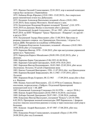 1871. Ищенко Евгений Станиславович; 22.01.2015; мэр и военный комендант
города был застрелен у Первомайска
1872. Кабанов Игорь Юрьевич (19.01.1983- 13.02.2015) , был смертельно
ранен миномѐтным огнем под Дебальцево.
1873. Калашин Александр Васильевич позывной «Холс» (10.01.1983-
23.05.2015). Боец охраны Мозгового. Погиб вместе с ним.
1874. Калиниченко Владимир Игоревич позывной "Калина", (3.01.1979 -
10.01.2015) из Донецка. Воевал в ополчении убит в Донецке.
1875. Калиновский Андрей Алексеевич ; 29 лет 1985 , убит по одной версии
04.07.2014; на КПП "Изварино" Трасса "Краснодон - Изварино"; по другой –
в августе 2014
1876. Калужецкий Эдуард Николаевич; убит 13.08.2014; При атаке от
разрыва танкового снаряда под Хрящеватым, Ополченец 1-й роты 3-го
взвода ДШБ. Похоронен на кладбище п.Юбилейное.
1877. Капранов Константин Алексеевич, позывной «Космос» (18.03.1965-
14.08.2014) убит у Степановки.
1878. Кармазин Виктор; 1970 - 15.04.2015; убит при наступлении украинской
армии на п. Чернухино;
1879. Карноухов Кирилл Михайлович (30.09.1991-22.02.2015). убит у
Донецка.
1880. Карпенко Борис Григорьевич (5.06.1952–01.08.2014)
1881. Карпович Григорий Григорьевич, 18.05.1976-18.01.2015.
1882. Карханов Виктор Владимирович, 10.03.1969 -22.05.2014, убит возле
Лисичанска. Осталось 10 детей и беременная жена
1883. Квитко Геннадий Викторович, 1956 -11.07.2014 убит под Краснодоном
1884. Керимов Валерий Зиярединович, 08.11.1965 -17.07.2014, убит в
Луганске
1885. Кирьянов Игорь Егорович, 08.12.1963 - 17.09.2014, казак убит в бою
в п. Фащевка
1886. Кневец Анатолий Николаевич, (22.12.1974) из Славянска. Воевал в
ополчении, подразделение «Тайфун». Отдельный Краматорский
комендантский полк 1 АК ДНР
1887. Клюковский Александр Семенович (16.10.1970г. — август 2014г.)
1888. Князев Андрей Николаевич (26.02.1969-4.10.2014). ополченец
1889. Кобзарь Евгений Дмитриевич 28.07.1985 - 22.08.2014, снайпер.
1890. Коваленко Виктор Васильевич, (позывной "Коваль"). (24.10.1986-
6.02.2015). Прапорщик военной комендатуры ЛНР Перевальска. 1 февраля
получил тяжелое осколочное ранение в голову и через несколько дней умер в
больнице.
1891. Ковалев Андрей Васильевич , 01 07 1987 -17.08.2014, убит под
Луганском
1892. Коваленко Роман Станиславович, позывной «Паук» (1.08.1970-
24.08.2014) убит под Еленовкой.
 