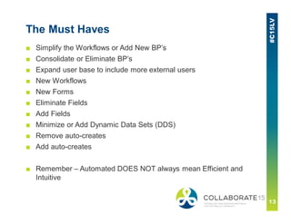 The Must Haves
■ Simplify the Workflows or Add New BP’s
■ Consolidate or Eliminate BP’s
■ Expand user base to include more external users
■ New Workflows
■ New Forms
■ Eliminate Fields
■ Add Fields
■ Minimize or Add Dynamic Data Sets (DDS)
■ Remove auto-creates
■ Add auto-creates
■ Remember – Automated DOES NOT always mean Efficient and
Intuitive
 