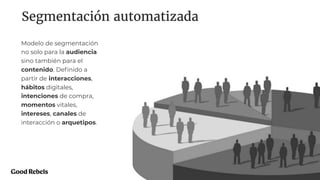 Segmentación automatizada
17
Modelo de segmentación
no solo para la audiencia
sino también para el
contenido. Deﬁnido a
partir de interacciones,
hábitos digitales,
intenciones de compra,
momentos vitales,
intereses, canales de
interacción o arquetipos.
 