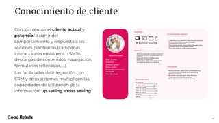 Conocimiento de cliente
19
Conocimiento del cliente actual y
potencial a partir del
comportamiento y respuesta a las
acciones planteadas (campañas,
interacciones en correos o SMSs,
descargas de contenidos, navegación,
formularios rellenados, …).
Las facilidades de integración con
CRM y otros sistemas multiplican las
capacidades de utilización de la
información: up selling, cross selling.
 