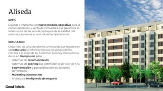 PROJECT NAME 32
Aliseda
RETO
Diseñar e implantar un nuevo modelo operativo para la
comercialización y venta de inmuebles que garantice el
incremento de las ventas, la mejora de la calidad del
servicio y aumente el control en las operaciones.
RESULTADO
Desarrollo de una plataforma omnicanal que registra en
un Data Lake la información que se genera de los
clientes a lo largo de su Customer Journey. Proporciona
datos en tiempo real para:
• Sistemas de recomendación
• Sistemas de scoring que optimizan el servicio de ATC
• Segmentación y personalización de acciones
comerciales
• Marketing automation
• Analítica e inteligencia de negocio
 