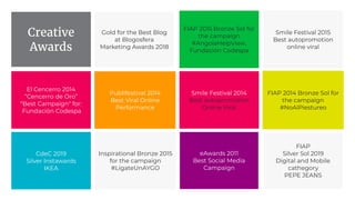 FIAP 2015 Bronze Sol for
the campaign
#AngolaHelpView,
Fundación Codespa
Inspirational Bronze 2015
for the campaign
#LígateUnAYGO
Smile Festival 2015
Best autopromotion
online viral
FIAP 2014 Bronze Sol for
the campaign
#NoAlPiestureo
Publifestival 2014
Best Viral Online
Performance
Smile Festival 2014
Best autopromotion
Online Viral
FIAP
Silver Sol 2019
Digital and Mobile
cathegory
PEPE JEANS
Gold for the Best Blog
at Blogosfera
Marketing Awards 2018
eAwards 2011
Best Social Media
Campaign
Creative
Awards
El Cencerro 2014
“Cencerro de Oro”
“Best Campaign" for:
Fundación Codespa
CdeC 2019
Silver Instawards
IKEA
 