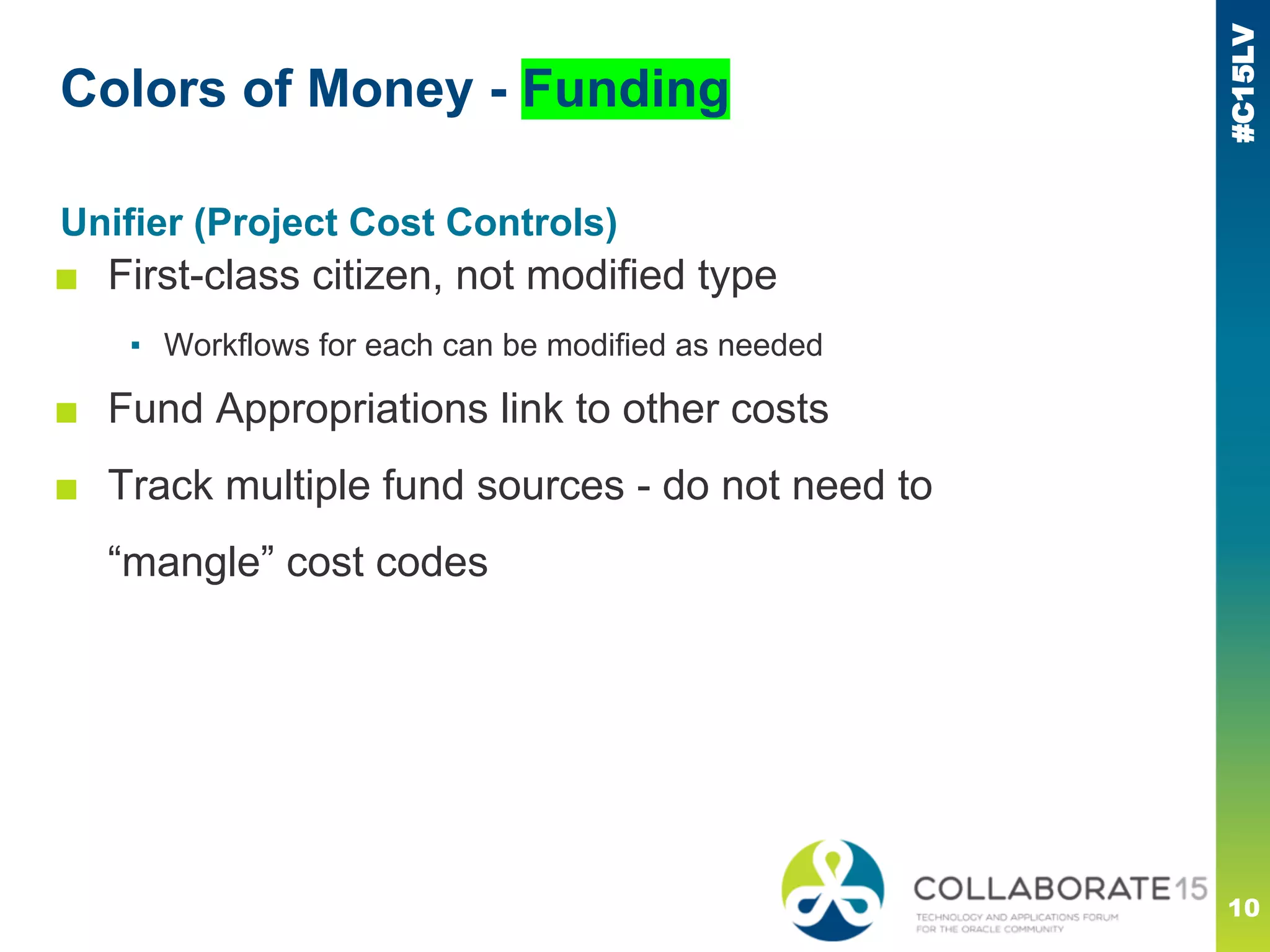 #C15LV
Colors of Money - Funding
Unifier (Project Cost Controls)
■ First-class citizen, not modified type
▪ Workflows for each can be modified as needed
■ Fund Appropriations link to other costs
■ Track multiple fund sources - do not need to
“mangle” cost codes
10
 
