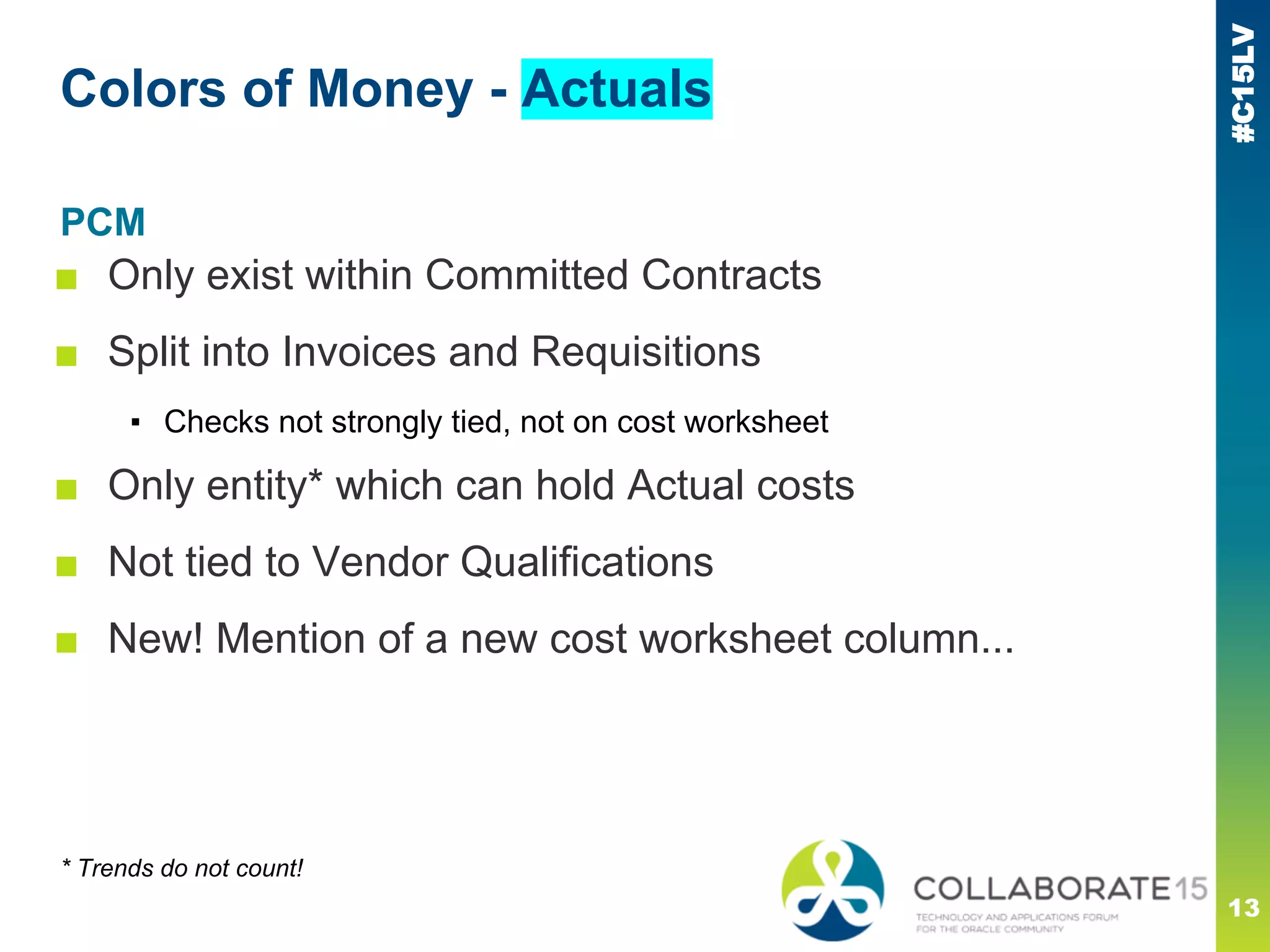 #C15LV
Colors of Money - Actuals
PCM
■ Only exist within Committed Contracts
■ Split into Invoices and Requisitions
▪ Checks not strongly tied, not on cost worksheet
■ Only entity* which can hold Actual costs
■ Not tied to Vendor Qualifications
■ New! Mention of a new cost worksheet column...
* Trends do not count!
13
 