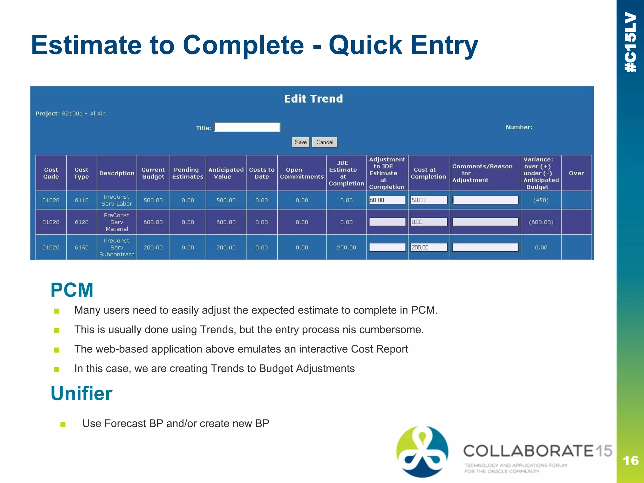 #C15LV
Estimate to Complete - Quick Entry
16
PCM
■ Many users need to easily adjust the expected estimate to complete in PCM.
■ This is usually done using Trends, but the entry process nis cumbersome.
■ The web-based application above emulates an interactive Cost Report
■ In this case, we are creating Trends to Budget Adjustments
Unifier
■ Use Forecast BP and/or create new BP
 
