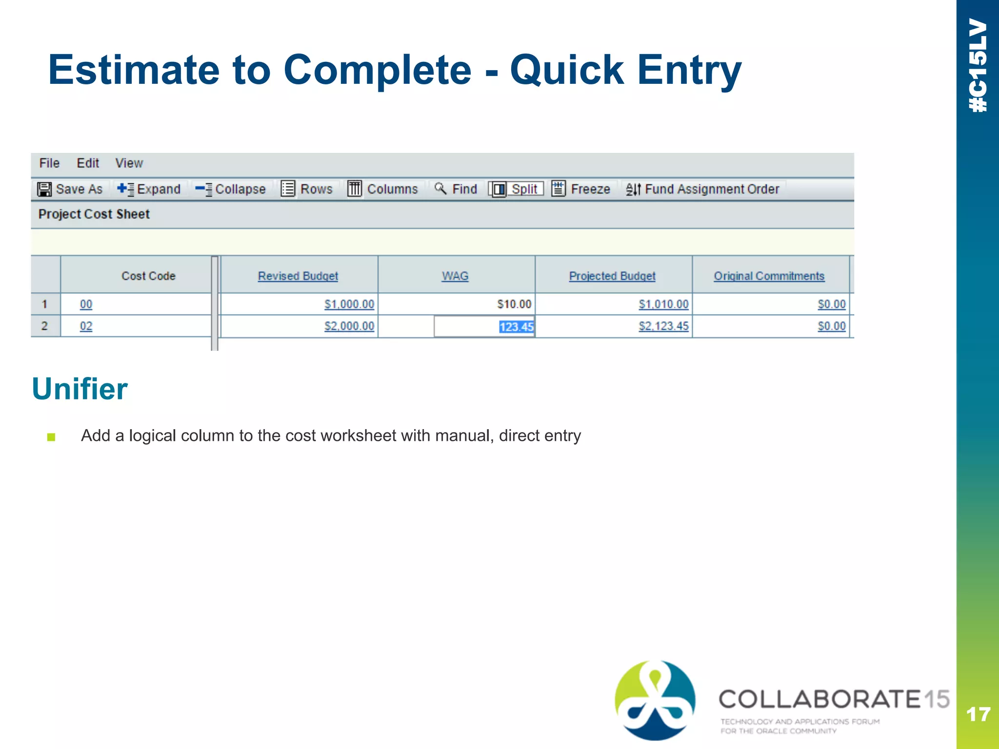#C15LV
Estimate to Complete - Quick Entry
17
Unifier
■ Add a logical column to the cost worksheet with manual, direct entry
 