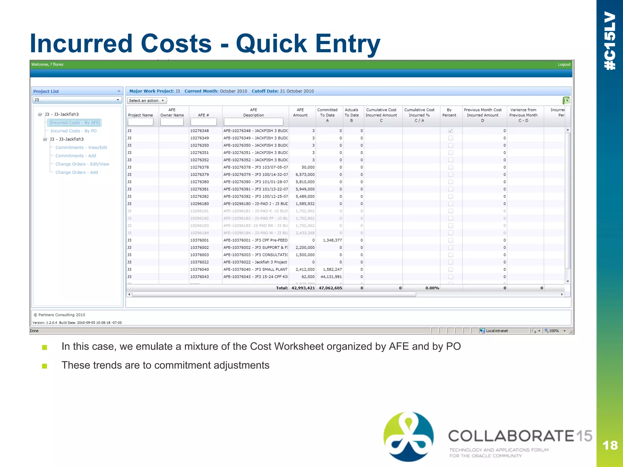#C15LV
Incurred Costs - Quick Entry
18
PCM
■ Many users need to easily adjust the expected estimate to complete in PCM.
■ In this case, we emulate a mixture of the Cost Worksheet organized by AFE and by PO
■ These trends are to commitment adjustments
 