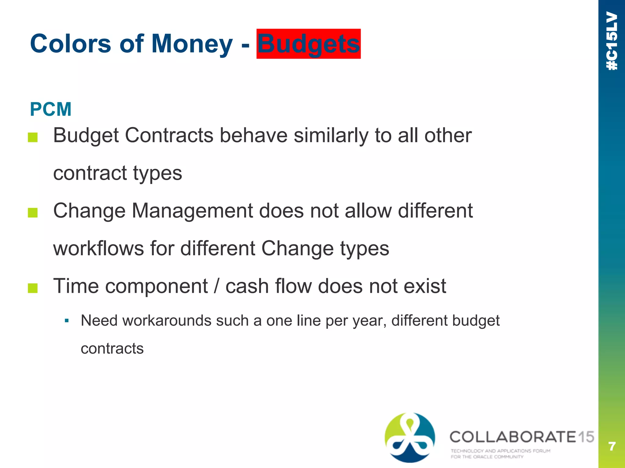 #C15LV
Colors of Money - Budgets
7
PCM
■ Budget Contracts behave similarly to all other
contract types
■ Change Management does not allow different
workflows for different Change types
■ Time component / cash flow does not exist
▪ Need workarounds such a one line per year, different budget
contracts
 