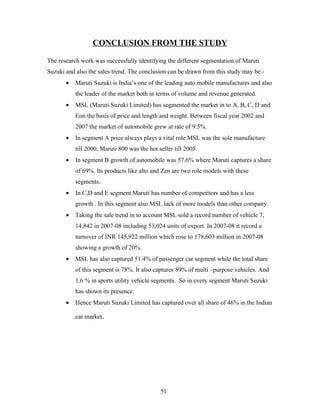 CONCLUSION FROM THE STUDY

The research work was successfully identifying the different segmentation of Maruti
Suzuki and also the sales trend. The conclusion can be drawn from this study may be:-
       •   Maruti Suzuki is India’s one of the leading auto mobile manufactures and also
           the leader of the market both in terms of volume and revenue generated.
       •   MSL (Maruti Suzuki Limited) has segmented the market in to A, B, C, D and
           Eon the basis of price and length and weight. Between fiscal year 2002 and
           2007 the market of automobile grew at rate of 9.5%.
       •   In segment A price always plays a vital role MSL was the sole manufacture
           till 2000, Maruti 800 was the hot seller till 2005.
       •   In segment B growth of automobile was 57.6% where Maruti captures a share
           of 69%. Its products like alto and Zen are two role models with these
           segments.
       •   In C,D and E segment Maruti has number of competitors and has a less
           growth . In this segment also MSL lack of more models than other company.
       •   Taking the sale trend in to account MSL sold a record number of vehicle 7,
           14,842 in 2007-08 including 53,024 units of export. In 2007-08 it record a
           turnover of INR 145,922 million which rose to 178,603 million in 2007-08
           showing a growth of 20%.
       •   MSL has also captured 51.4% of passenger car segment while the total share
           of this segment is 78%. It also captures 89% of multi –purpose vehicles. And
           1.6 % in sports utility vehicle segments. So in every segment Maruti Suzuki
           has shown its presence.
       •   Hence Maruti Suzuki Limited has captured over all share of 46% in the Indian

           car market.




                                              51
 