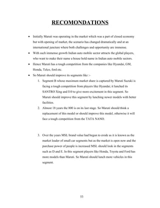 RECOMONDATIONS

•   Initially Maruti was operating in the market which was a part of closed economy
    but with opening of market, the scenario has changed dramatically and at an
    international juncture where both challenges and opportunity are immense.
•   With such immense growth Indian auto mobile sector attracts the global players,
    who want to make their name a house hold name in Indian auto mobile sectors.
•   Hence Maruti has a tough competition from the companies like Hyundai, GM,
    Honda, Telco, ford etc.
•   So Maruti should improve its segments like :-
       1. Segment B whose maximum market share is captured by Maruti Suzuki is
           facing a tough competition from players like Hyundai; it lunched its
           SANTRO Xing and I10 to give more excitement in this segment. So
           Maruti should improve this segment by lunching newer models with better
           facilities.
       2. Almost 18 years the 800 is on its last stage. So Maruti should think a
           replacement of this model or should improve this model, otherwise it will
           face a tough competition from the TATA NANO.




       3. Over the years MSL brand value had begun to erode as it is known as the
           market leader of small car segments but as the market is open now and the
           purchase power of people is increased MSL should look in the segments
           such as D and E. In this segment players like Honda, Toyota and Ford has
           more models than Maruti. So Maruti should lunch more vehicles in this
           segment.




                                         53
 