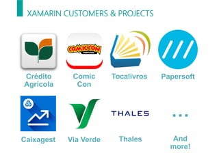 XAMARIN CUSTOMERS & PROJECTS
…
Crédito
Agrícola
Comic
Con
Tocalivros Papersoft
Caixagest Via Verde Thales And
more!
 