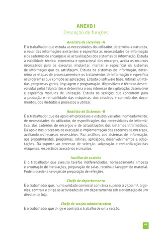 49 
ANEXO I 
Descrição de funções 
Analista de sistemas -A 
É o trabalhador que estuda as necessidades do utilizador, determina a natureza, 
o valor das informações existentes e especifica as necessidades de informação 
e os cadernos de encargos e as actualizações dos sistemas de informação. Estuda 
a viabilidade técnica, económica e operacional dos encargos, avalia os recursos 
necessários para os executar, implantar, manter e especificar os sistemas 
de informação que os satisfaçam. Estuda os sistemas de informação, deter-mina 
as etapas de processamento e os tratamentos de informação e especifica 
os programas que compõe as aplicações. Estuda o software base, rotinas, utilitá-rias, 
programas gerais, linguagem e programação, dispositivos e técnicas desen-volvidas 
pelos fabricantes e determina o seu interesse de exploração; desenvolve 
e especifica módulos de utilização. Estuda os serviços que concorrem para 
a produção e rentabilidade das máquinas, dos circuitos e controlo dos docu-mentos, 
dos métodos e processos a utilizar. 
Analista de Sistemas -B 
É o trabalhador que dá apoio em processos e estudos variados, nomeadamente, 
de necessidades do utilizador, de especificações das necessidades de informá-tica, 
dos cadernos de encargos e de actualizações dos sistemas informáticos. 
Dá apoio nos processos de execução e implementação dos cadernos de encargos, 
avaliando os recursos necessários. Faz análises aos sistemas de informação, 
aos procedimentos, programas, rotinas, aplicações, desenvolvimentos e adap-tações. 
Dá suporte ao processo de selecção, adaptação e rentabilização das 
máquinas, respectivos acessórios e circuitos. 
Auxiliar de cozinha 
É o trabalhador que executa tarefas indiferenciadas, nomeadamente limpeza 
e arrumação de instalações, preparação de salas, recolha e lavagem de material. 
Pode proceder a serviços de preparação de refeições. 
Chefe de departamento 
É o trabalhador que, numa unidade comercial com área superior a 2500 m2, orga-niza, 
controla e dirige as actividades de um departamento sob a orientação de um 
director de loja. 
Chefe de secção administrativo 
É o trabalhador que dirige e controla o trabalho de uma secção. 
 
