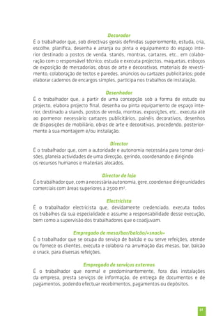 51 
Decorador 
É o trabalhador que, sob directivas gerais definidas superiormente, estuda, cria, 
escolhe, planifica, desenha e arranja ou pinta o equipamento do espaço inte-rior 
destinado a postos de venda, stands, montras, cartazes, etc., em colabo-ração 
com o responsável técnico; estuda e executa projectos, maquetas, esboços 
de exposição de mercadorias, obras de arte e decorativas, materiais de revesti-mento, 
colaboração de tectos e paredes, anúncios ou cartazes publicitários; pode 
elaborar cadernos de encargos simples, participa nos trabalhos de instalação. 
Desenhador 
É o trabalhador que, a partir de uma concepção sob a forma de estudo ou 
projecto, elabora projecto final, desenha ou pinta equipamento de espaço inte-rior, 
destinado a stands, postos de venda, montras, exposições, etc., executa até 
ao pormenor necessário cartazes publicitários, painéis decorativos, desenhos 
de disposições de mobiliário, obras de arte e decorativas, procedendo, posterior-mente 
à sua montagem e/ou instalação. 
Director 
É o trabalhador que, com a autoridade e autonomia necessária para tomar deci-sões, 
planeia actividades de uma direcção, gerindo, coordenando e dirigindo 
os recursos humanos e materiais alocados. 
Director de loja 
É o trabalhador que, com a necessária autonomia, gere, coordena e dirige unidades 
comerciais com áreas superiores a 2500 m2. 
Electricista 
É o trabalhador electricista que, devidamente credenciado, executa todos 
os trabalhos da sua especialidade e assume a responsabilidade desse execução, 
bem como a supervisão dos trabalhadores que o coadjuvam. 
Empregado de mesa/bar/balcão/«snack» 
É o trabalhador que se ocupa do serviço de balcão e ou serve refeições, atende 
ou fornece os clientes, executa e colabora na arrumação das mesas, bar, balcão 
e snack, para diversas refeições. 
Empregado de serviços externos 
É o trabalhador que normal e predominantemente, fora das instalações 
da empresa, presta serviços de informação, de entrega de documentos e de 
pagamentos, podendo efectuar recebimentos, pagamentos ou depósitos. 
 