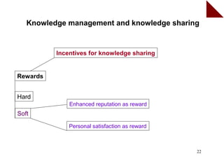Knowledge management and knowledge sharing


          Incentives for knowledge sharing


Rewards


Hard
              Enhanced reputation as reward
Soft
              Personal satisfaction as reward



                                                22
 