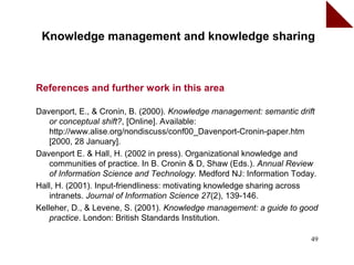 Knowledge management and knowledge sharing



References and further work in this area

Davenport, E., & Cronin, B. (2000). Knowledge management: semantic drift
    or conceptual shift?, [Online]. Available:
    http://www.alise.org/nondiscuss/conf00_Davenport-Cronin-paper.htm
    [2000, 28 January].
Davenport E. & Hall, H. (2002 in press). Organizational knowledge and
    communities of practice. In B. Cronin & D, Shaw (Eds.). Annual Review
    of Information Science and Technology. Medford NJ: Information Today.
Hall, H. (2001). Input-friendliness: motivating knowledge sharing across
    intranets. Journal of Information Science 27(2), 139-146.
Kelleher, D., & Levene, S. (2001). Knowledge management: a guide to good
    practice. London: British Standards Institution.

                                                                       49
 