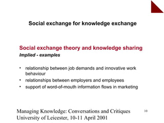 Social exchange for knowledge exchange



 Social exchange theory and knowledge sharing
 Implied - examples

 •   relationship between job demands and innovative work
     behaviour
 •   relationships between employers and employees
 •   support of word-of-mouth information flows in marketing




Managing Knowledge: Conversations and Critiques                10

University of Leicester, 10-11 April 2001
 