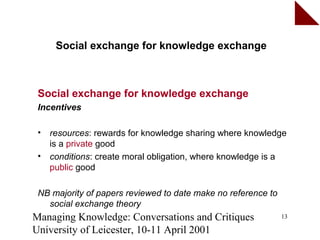 Social exchange for knowledge exchange



 Social exchange for knowledge exchange
 Incentives

 •   resources: rewards for knowledge sharing where knowledge
     is a private good
 •   conditions: create moral obligation, where knowledge is a
     public good

 NB majority of papers reviewed to date make no reference to
   social exchange theory
Managing Knowledge: Conversations and Critiques                13

University of Leicester, 10-11 April 2001
 