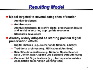 Resulting Model <ul><li>Model targeted to several categories of reader </li></ul><ul><ul><li>Archive designers </li></ul><...