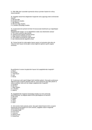 D. 1950-1980 yillari arasindaki sayimlarda nüfusun yarindan fazlasini kir nüfusu
olusturmaktadir.

36. Asagidaki eslestirilmis bölgelerden hangisinde nüfus yogunlugu öteki verilenlerden
fazladir?
A. Marmara-Ege
B. Karadeniz-Iç Anadolu
C. Ege-Akdeniz
D. Marmara-Dogu Anadolu
E. Iç Anadolu-Güneydogu Anadolu

37. Yurdumuzda kimi yerlesim birimleri ilk konumunda birakilmamis yer degisikligine
gidilmistir.
Asagidakilerden hangisi, bu tür degisikliklere neden olan etkenlerden olamaz?
A. Yeni ulasim yollarina sapa kalmasi
B. Yapilacak baraj gölünün altinda kalmasi
C. Dogal afetlerin tehdidinde olmasi
D. Yeni endüstri kuruluslarina uzak kalmasi
E. Idari bölümlemelerde degisiklik olmasi

38. Türkiye‟de belli bir yilda sagilan hayvan sayisini ve bunlardan elde edile süt
miktarinin dört hayvan türüne göre oransal dagilimini gösteren grafik asagida
verilmistir.




Bu grafiklerde 4 numara ile gösterilen hayvan türü asagidakilerden hangisidir?
A. Koyun
B. Kil keçisi
C. Tiftik Keçisi
D. Inek
E. Manda

39. Yurdumuzun yedi cografi bölgesi farkli özellikler gösterir. Buna göre yurdumuzun
digerlerine göre ortalama yükseltisi daha az, tarim alanlarinin payi daha yüksek ve
sulama olanaklari daha çok olan bölgesi asagidakilerden hangisidir?
A. Karadeniz
B. Marmara
C. Dogu Anadolu
D. Iç Anadolu
E. Akdeniz

40. Asagidakilerden hangisinin Güneydogu Anadolu‟nun kimi yerlerinde
yetistirilebilmesi, bu bölgede Akdeniz iklimi görüldügünün bir kanitidir?
A. Mercimek
B. Bugday
C. Kayisi
D. Zeytin
E. Üzüm

41. Kimi ürünler farkli ovalarda yetisir. Buna göre Gediz Ovasinin iklim ve toprak
kosullarinda yetistirilebilen bir tarim ürününü, asagidaki ovalarin hangisinde
yetistirebilmesi gerekir?
A. Çarsamba Ovasi
B. Erene Ovasi
C. Çukurova
D. Malatya Ovasi
E. Elazig Ovasi
 
