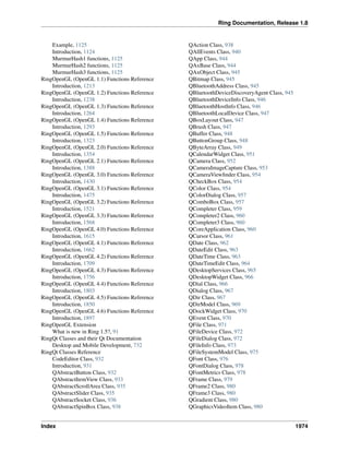 Ring Documentation, Release 1.8
Example, 1125
Introduction, 1124
MurmurHash1 functions, 1125
MurmurHash2 functions, 1125
MurmurHash3 functions, 1125
RingOpenGL (OpenGL 1.1) Functions Reference
Introduction, 1213
RingOpenGL (OpenGL 1.2) Functions Reference
Introduction, 1238
RingOpenGL (OpenGL 1.3) Functions Reference
Introduction, 1264
RingOpenGL (OpenGL 1.4) Functions Reference
Introduction, 1293
RingOpenGL (OpenGL 1.5) Functions Reference
Introduction, 1323
RingOpenGL (OpenGL 2.0) Functions Reference
Introduction, 1354
RingOpenGL (OpenGL 2.1) Functions Reference
Introduction, 1388
RingOpenGL (OpenGL 3.0) Functions Reference
Introduction, 1430
RingOpenGL (OpenGL 3.1) Functions Reference
Introduction, 1475
RingOpenGL (OpenGL 3.2) Functions Reference
Introduction, 1521
RingOpenGL (OpenGL 3.3) Functions Reference
Introduction, 1568
RingOpenGL (OpenGL 4.0) Functions Reference
Introduction, 1615
RingOpenGL (OpenGL 4.1) Functions Reference
Introduction, 1662
RingOpenGL (OpenGL 4.2) Functions Reference
Introduction, 1709
RingOpenGL (OpenGL 4.3) Functions Reference
Introduction, 1756
RingOpenGL (OpenGL 4.4) Functions Reference
Introduction, 1803
RingOpenGL (OpenGL 4.5) Functions Reference
Introduction, 1850
RingOpenGL (OpenGL 4.6) Functions Reference
Introduction, 1897
RingOpenGL Extension
What is new in Ring 1.5?, 91
RingQt Classes and their Qt Documentation
Desktop and Mobile Development, 732
RingQt Classes Reference
CodeEditor Class, 932
Introduction, 931
QAbstractButton Class, 932
QAbstractItemView Class, 933
QAbstractScrollArea Class, 935
QAbstractSlider Class, 935
QAbstractSocket Class, 936
QAbstractSpinBox Class, 938
QAction Class, 938
QAllEvents Class, 940
QApp Class, 944
QAxBase Class, 944
QAxObject Class, 945
QBitmap Class, 945
QBluetoothAddress Class, 945
QBluetoothDeviceDiscoveryAgent Class, 945
QBluetoothDeviceInfo Class, 946
QBluetoothHostInfo Class, 946
QBluetoothLocalDevice Class, 947
QBoxLayout Class, 947
QBrush Class, 947
QBuffer Class, 948
QButtonGroup Class, 948
QByteArray Class, 949
QCalendarWidget Class, 951
QCamera Class, 952
QCameraImageCapture Class, 953
QCameraViewﬁnder Class, 954
QCheckBox Class, 954
QColor Class, 954
QColorDialog Class, 957
QComboBox Class, 957
QCompleter Class, 959
QCompleter2 Class, 960
QCompleter3 Class, 960
QCoreApplication Class, 960
QCursor Class, 961
QDate Class, 962
QDateEdit Class, 963
QDateTime Class, 963
QDateTimeEdit Class, 964
QDesktopServices Class, 965
QDesktopWidget Class, 966
QDial Class, 966
QDialog Class, 967
QDir Class, 967
QDirModel Class, 969
QDockWidget Class, 970
QEvent Class, 970
QFile Class, 971
QFileDevice Class, 972
QFileDialog Class, 972
QFileInfo Class, 973
QFileSystemModel Class, 975
QFont Class, 976
QFontDialog Class, 978
QFontMetrics Class, 978
QFrame Class, 979
QFrame2 Class, 980
QFrame3 Class, 980
QGradient Class, 980
QGraphicsVideoItem Class, 980
Index 1974
 