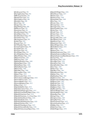 Ring Documentation, Release 1.8
QGridLayout Class, 981
QGuiApplication Class, 981
QHBoxLayout Class, 984
QHeaderView Class, 984
QHostAddress Class, 986
QHostInfo Class, 986
QIcon Class, 988
QImage Class, 988
QInputDialog Class, 990
QIODevice Class, 987
QJsonArray Class, 991
QJsonDocument Class, 992
QJsonObject Class, 992
QJsonParseError Class, 993
QJsonValue Class, 993
QKeySequence Class, 993
QLabel Class, 994
QLayout Class, 995
QLCDNumber Class, 994
QLinearGradient Class, 998
QLineEdit Class, 996
QListView Class, 998
QListWidget Class, 999
QListWidgetItem Class, 1001
QMainWindow Class, 1002
QMatrix4x4 Class, 1003
QMdiArea Class, 1004
QMdiSubWindow Class, 1005
QMediaObject Class, 1006
QMediaPlayer Class, 1006
QMediaPlaylist Class, 1007
QMenu Class, 1008
QMenuBar Class, 1008
QMessageBox Class, 1009
QMutex Class, 1010
QMutexLocker Class, 1010
QNetworkAccessManager Class, 1010
QNetworkProxy Class, 1011
QNetworkReply Class, 1012
QNetworkRequest Class, 1013
QObject Class, 1013
QOpenGLBuffer Class, 1014
QOpenGLContext Class, 1014
QOpenGLDebugLogger Class, 1015
QOpenGLFramebufferObject Class, 1016
QOpenGLFunctions Class, 1016
QOpenGLFunctions_3_2_Core Class, 1021
QOpenGLPaintDevice Class, 1028
QOpenGLShader Class, 1029
QOpenGLShaderProgram Class, 1029
QOpenGLTexture Class, 1033
QOpenGLTimerQuery Class, 1035
QOpenGLVersionProﬁle Class, 1036
QOpenGLVertexArrayObject Class, 1036
QOpenGLWidget Class, 1036
QPaintDevice Class, 1037
QPainter Class, 1037
QPainter2 Class, 1040
QPainterPath Class, 1040
QPen Class, 1041
QPicture Class, 1042
QPixmap Class, 1042
QPixmap2 Class, 1044
QPlainTextEdit Class, 1044
QPoint Class, 1046
QPointF Class, 1047
QPrinter Class, 1047
QProcess Class, 1048
QProgressBar Class, 1049
QPushButton Class, 1050
QQmlError Class, 1051
QQuaternion Class, 1051
QQuickWidget Class, 1052
QRadioButton Class, 1052
QRect Class, 1053
QRegion Class, 1054
QRegularExpression Class, 1055
QRegularExpressionMatch Class, 1056
QRegularExpressionMatchIterator Class, 1056
QScreen Class, 1057
QScrollArea Class, 1058
QScrollBar Class, 1058
QSerialPort Class, 1058
QSerialPortInfo Class, 1060
QSize Class, 1060
QSlider Class, 1060
QSpinBox Class, 1061
QSplashScreen Class, 1061
QSplitter Class, 1062
QSqlDatabase Class, 1063
QSqlDriver Class, 1064
QSqlDriverCreatorBase Class, 1064
QSqlError Class, 1064
QSqlField Class, 1065
QSqlIndex Class, 1065
QSqlQuery Class, 1066
QSqlRecord Class, 1067
QStackedWidget Class, 1067
QStandardPaths Class, 1068
QStatusBar Class, 1068
QString2 Class, 1069
QStringList Class, 1069
QStringRef Class, 1070
QSurfaceFormat Class, 1072
QSystemTrayIcon Class, 1073
QTabBar Class, 1074
QTableView Class, 1077
QTableWidget Class, 1078
Index 1975
 