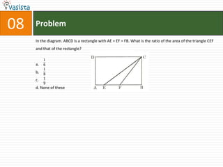 08ProblemIn the diagram. ABCD is a rectangle with AE = EF = FB. What is the ratio of the area of the triangle CEF and that of the rectangle? a.b.c.d. None of these