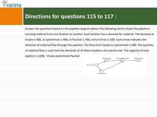 Directions for questions 115 to 117 :Answer the questions based on the pipeline diagram below The following sketch shows the pipelines carrying material from one location to another. Each location has a demand for material. The demand at Visalia is 400, at Jyotishmati is 400, at Paschal is 700, and at Vinita is 200. Each arrow indicates the direction of material flow through the pipeline. The flow from Visalia to Jyotishmati is 300. The quantity of material flow is such that the demands at all these locations are exactly met. The capacity of each pipeline is 1000.  Visalia Jyotishmati Paschal