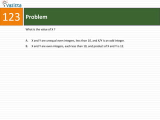 Problem123What is the value of X ?X and Y are unequal even integers, less than 10, and X/Y is an odd integer.X and Y are even integers, each less than 10, and product of X and Y is 12.
