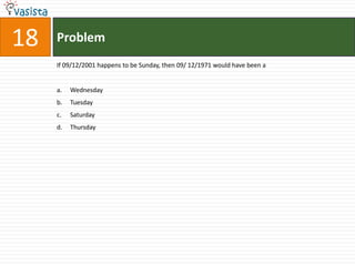 Problem18If 09/12/2001 happens to be Sunday, then 09/ 12/1971 would have been aWednesday	TuesdaySaturday	Thursday