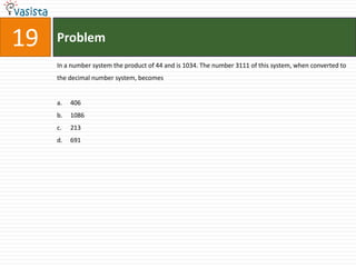 Problem19In a number system the product of 44 and is 1034. The number 3111 of this system, when converted to the decimal number system, becomes406	1086213	691