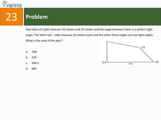 Problem23Two sides of a plot measure 32 meters and 24 meters and the angle between them is a perfect right angle. The other two   sides measure 25 meters each and the other three angles are not right angles. What is the area of the plot ? 768534696.5684