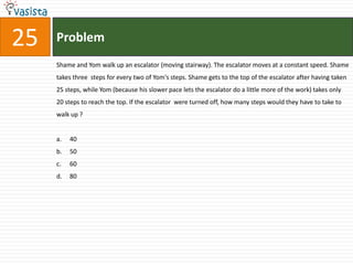 Problem25Shame and Yom walk up an escalator (moving stairway). The escalator moves at a constant speed. Shame takes three  steps for every two of Yom's steps. Shame gets to the top of the escalator after having taken 25 steps, while Yom (because his slower pace lets the escalator do a little more of the work) takes only 20 steps to reach the top. If the escalator  were turned off, how many steps would they have to take to walk up ?40	5060	80