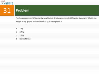 Problem31Fresh grapes contain 90% water by weight while dried grapes contain 20% water by weight. What is the weight of dry  grapes available from 20 kg of fresh grapes ?2 kg	2.4 kg2.5 kg	None of these