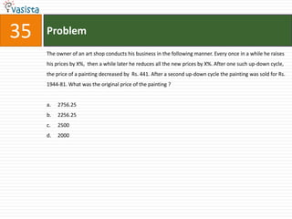Problem35The owner of an art shop conducts his business in the following manner. Every once in a while he raises his prices by X%,  then a while later he reduces all the new prices by X%. After one such up-down cycle, the price of a painting decreased by  Rs. 441. After a second up-down cycle the painting was sold for Rs. 1944-81. What was the original price of the painting ?2756.25	2256.252500	2000