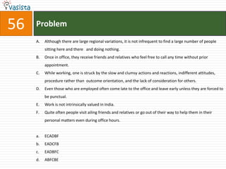 Problem56Although there are large regional variations, it is not infrequent to find a large number of people sitting here and there   and doing nothing. Once in office, they receive friends and relatives who feel free to call any time without prior appointment.While working, one is struck by the slow and clumsy actions and reactions, indifferent attitudes, procedure rather than  outcome orientation, and the lack of consideration for others.Even those who are employed often come late to the office and leave early unless they are forced to be punctual.Work is not intrinsically valued in India.Quite often people visit ailing friends and relatives or go out of their way to help them in their personal matters even during office hours.ECADBF	EADCFBEADBFC	ABFCBE
