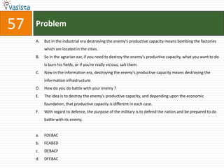 Problem57But in the industrial era destroying the enemy's productive capacity means bombing the factories which are located in the cities.So in the agrarian ear, if you need to destroy the enemy's productive capacity, what you want to do is burn his fields, or if you're really vicious, salt them.Now in the information era, destroying the enemy's productive capacity means destroying the information infrastructure.How do you do battle with your enemy ?The idea is to destroy the enemy's productive capacity, and depending upon the economic foundation, that productive capacity is different in each case.With regard to defence, the purpose of the military is to defend the nation and be prepared to do battle with its enemy.FDEBAC	FCABEDDEBACF	DFEBAC