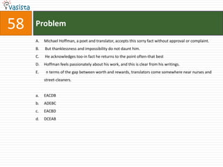 Problem58Michael Hoffman, a poet and translator, accepts this sorry fact without approval or complaint. But thanklessness and impossibility do not daunt him. He acknowledges too-in fact he returns to the point often-that best Hoffman feels passionately about his work, and this is clear from his writings.  n terms of the gap between worth and rewards, translators come somewhere near nurses and street-cleaners.EACDB	ADEBCEACBD	DCEAB
